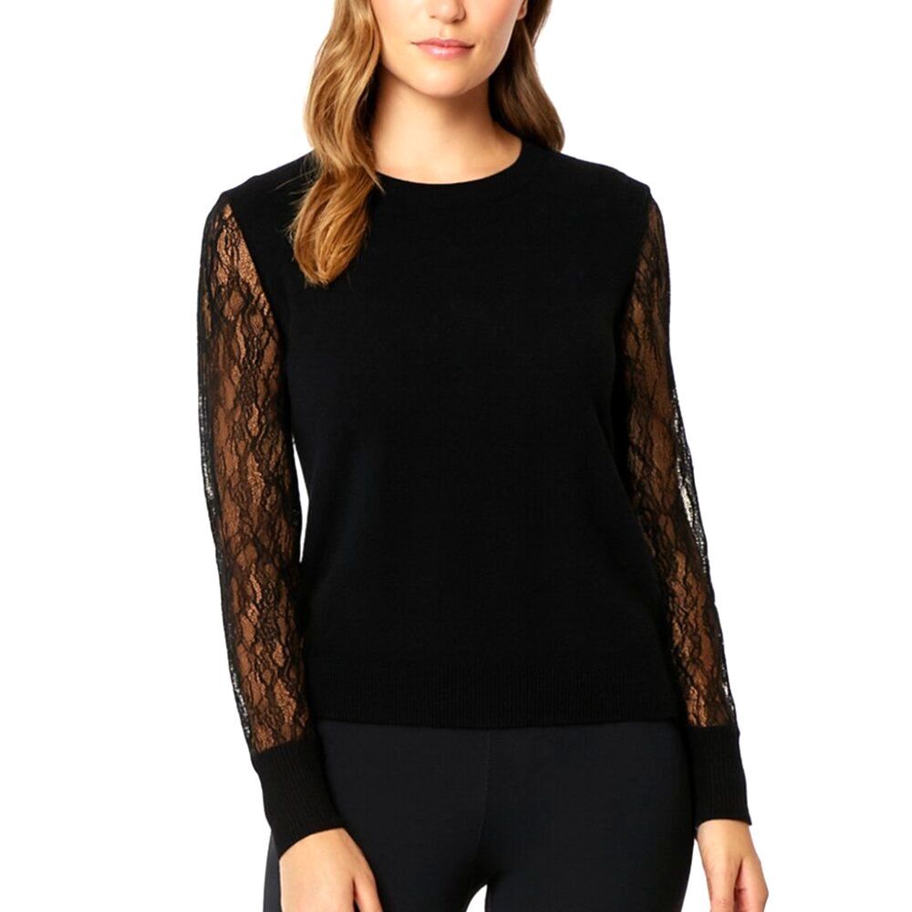 Magaschoni Black Cashmere Crewneck Sweater Sheer Lace Sleeves Medium Romantic